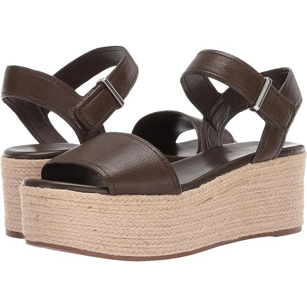 Franco Sarto Women BROWN OLIVE LEATHER Sandals Espadrille Wedge Platform 9 M